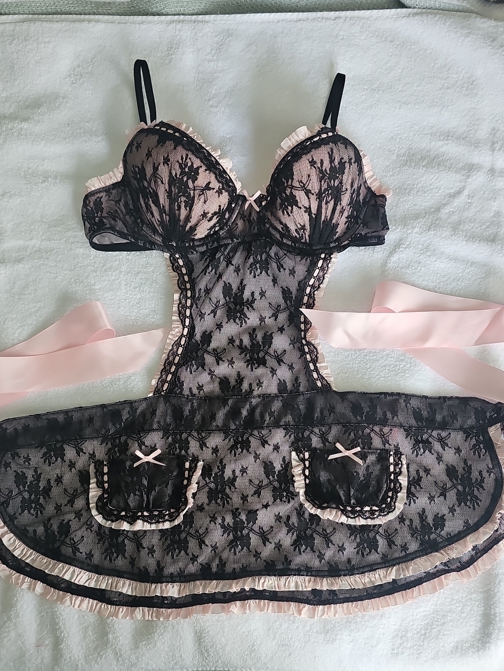 Victoria's Secret Pink and Black Lace Apron Chemise